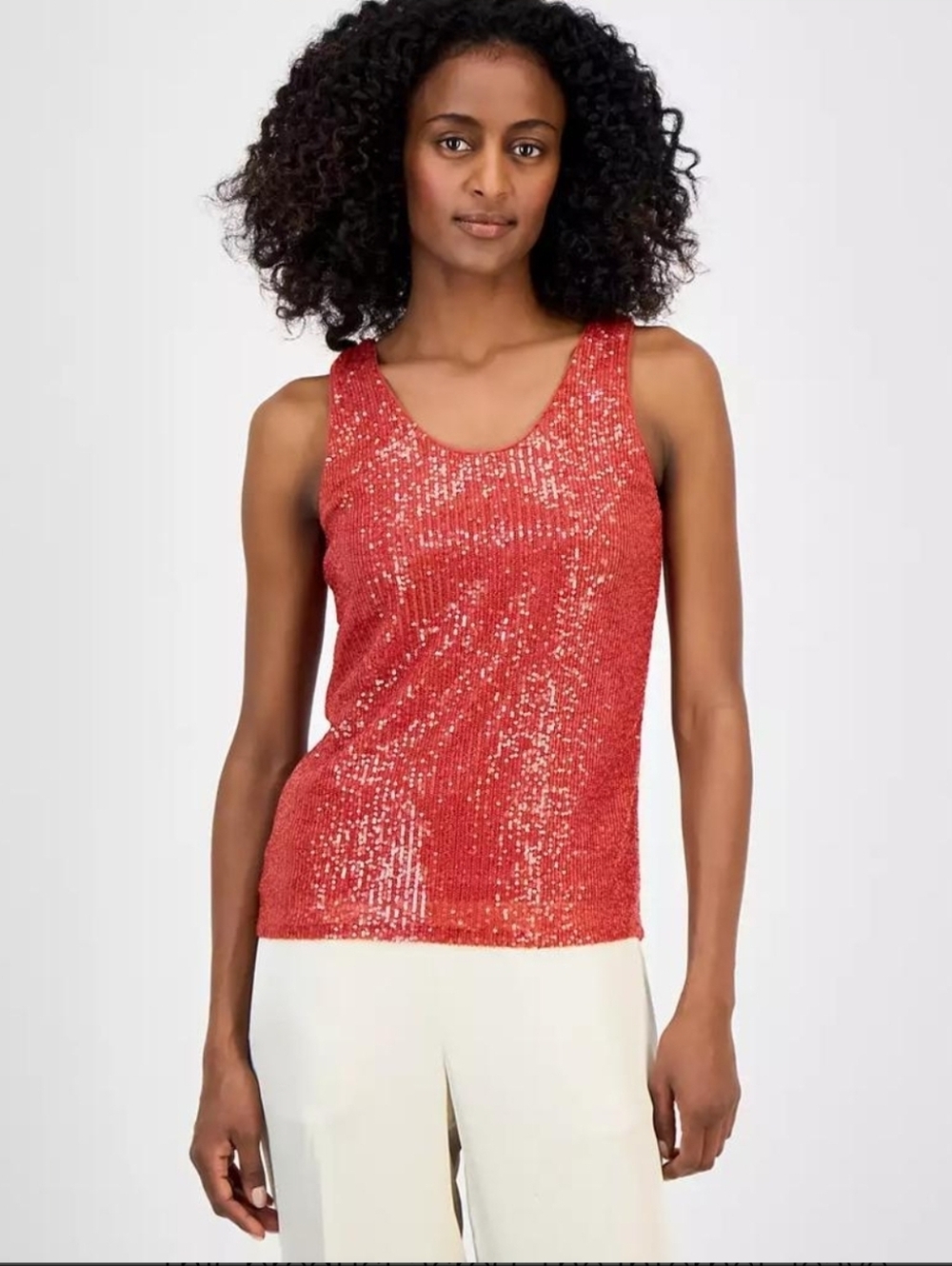 Anne Klein Women's Sequin Double-Scoop Sleeveless Tank Blouse Top